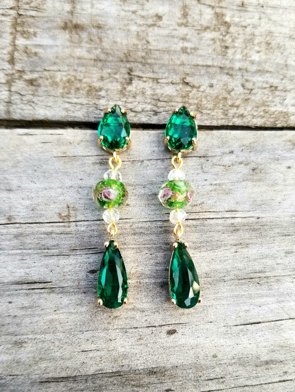 14k Gold Lampwork Glass Beaded Emerald Stud Dangle Earrings - Picture 4 of 7